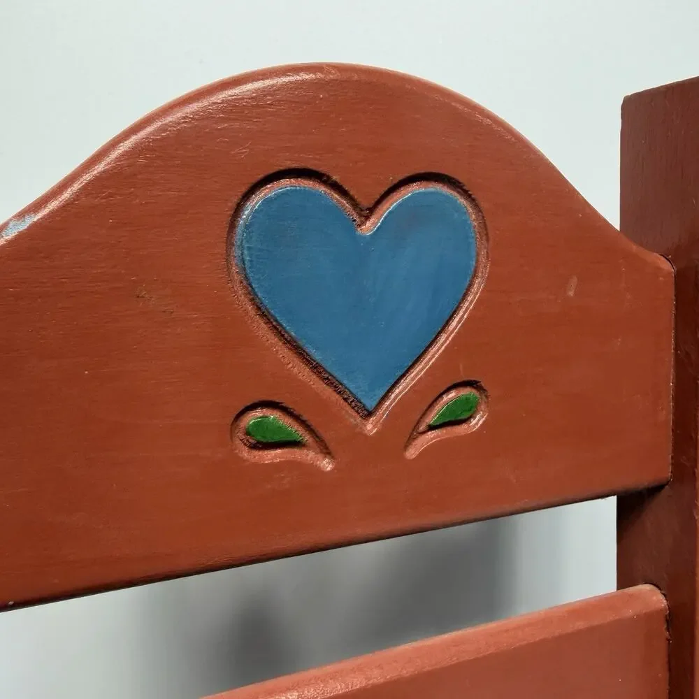 Vtg Cottagecore Miniature Wood Doll Chair Carved Heart Handpainted Red Blue 15